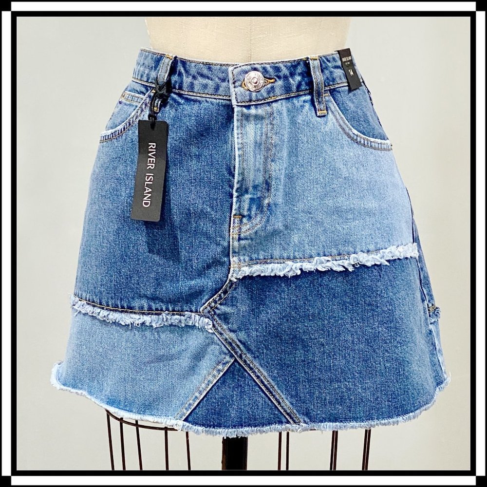 RIVER ISLAND Patchwork Denim A-Line Mini Skirt - US 10
